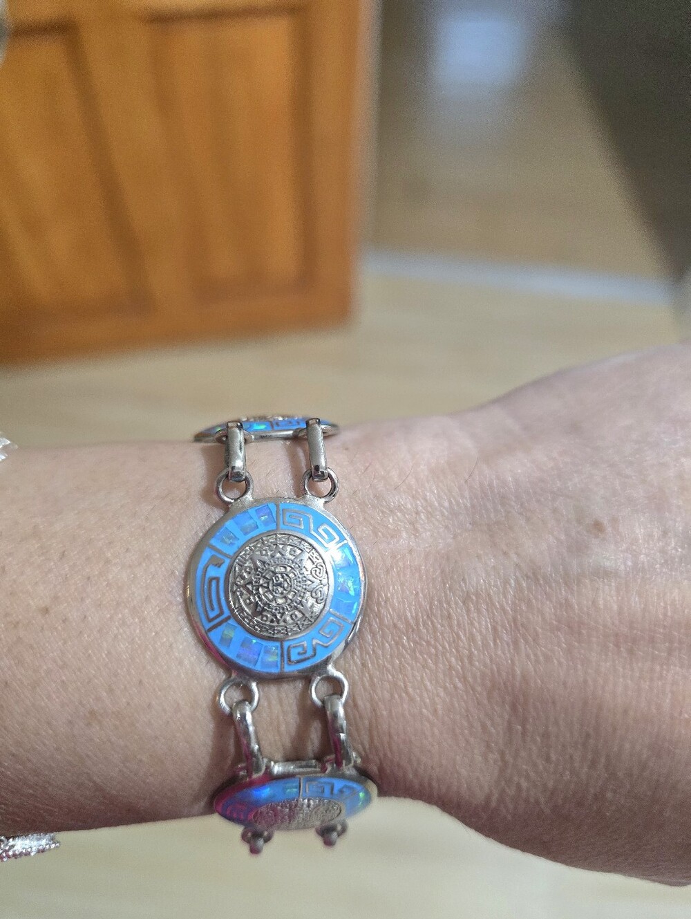 Sterling Silver Bracelet Aztec Sun Mayan Calendar Disc Panel Chain Inlay Boho
